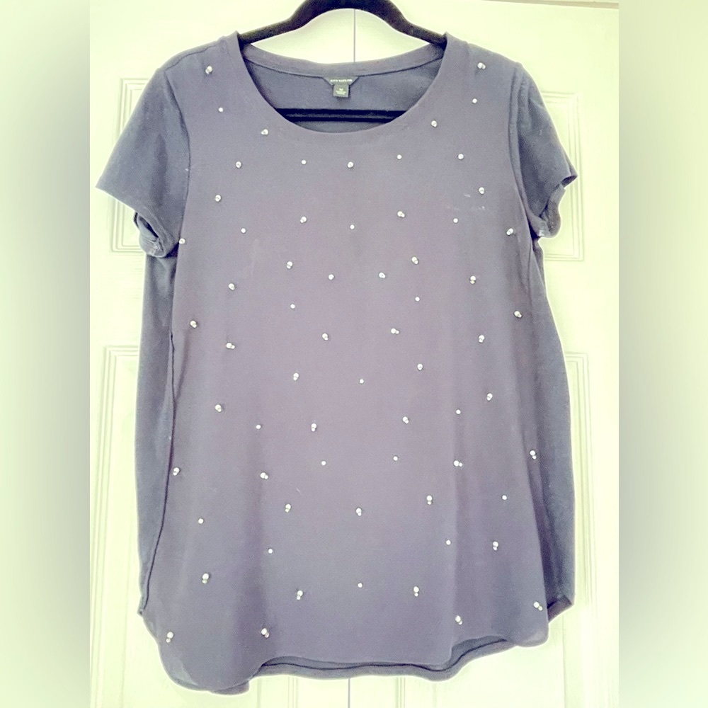Anne Taylor navy pearl embellished tee